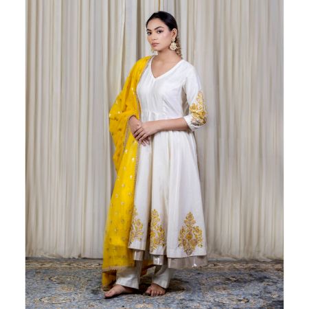 Off White Anarkali Set with Hand Embroidery